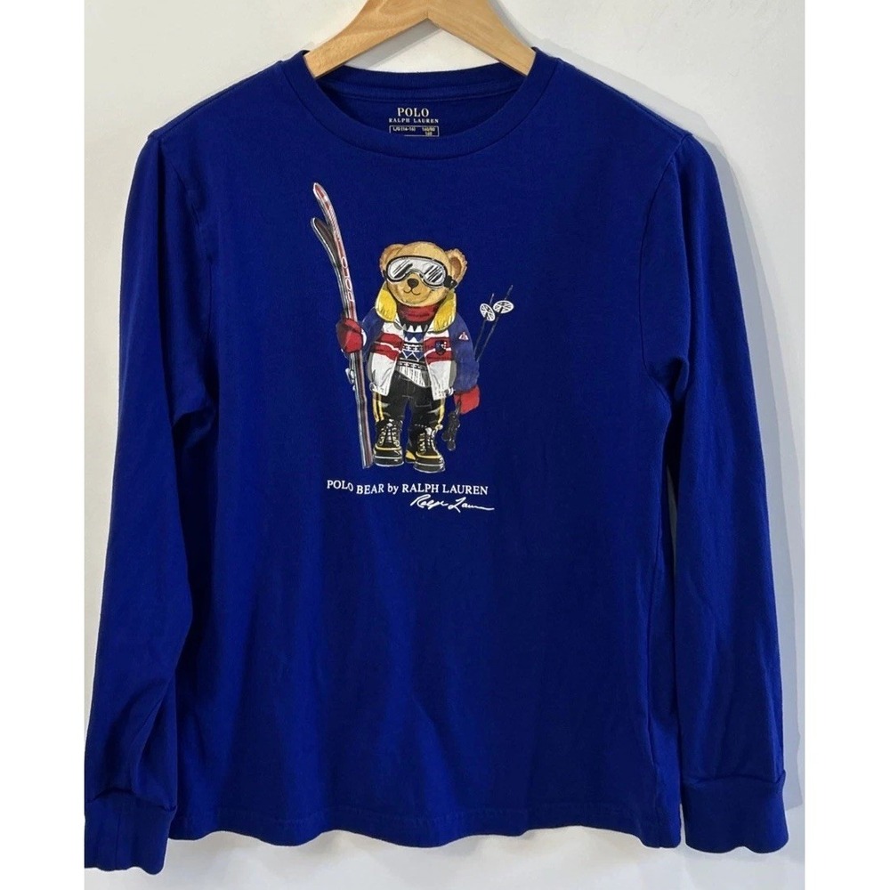 Kids Boys Girl POLO RALPH LAUREN Royal Blue Skiing Bear L/S T-Shirt Large 14-16